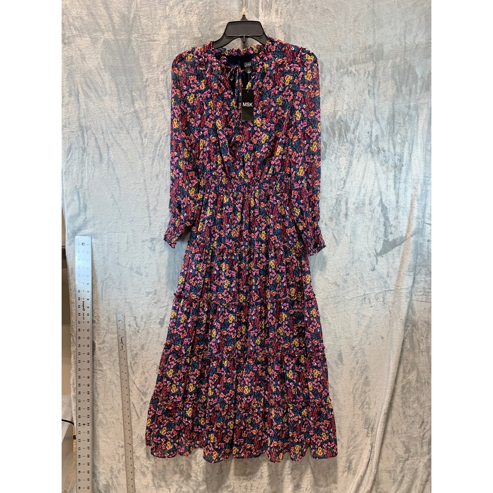 MSK Womens Floral Tiered Maxi Dress Navy Pink Green Smocked Waist Small NEW